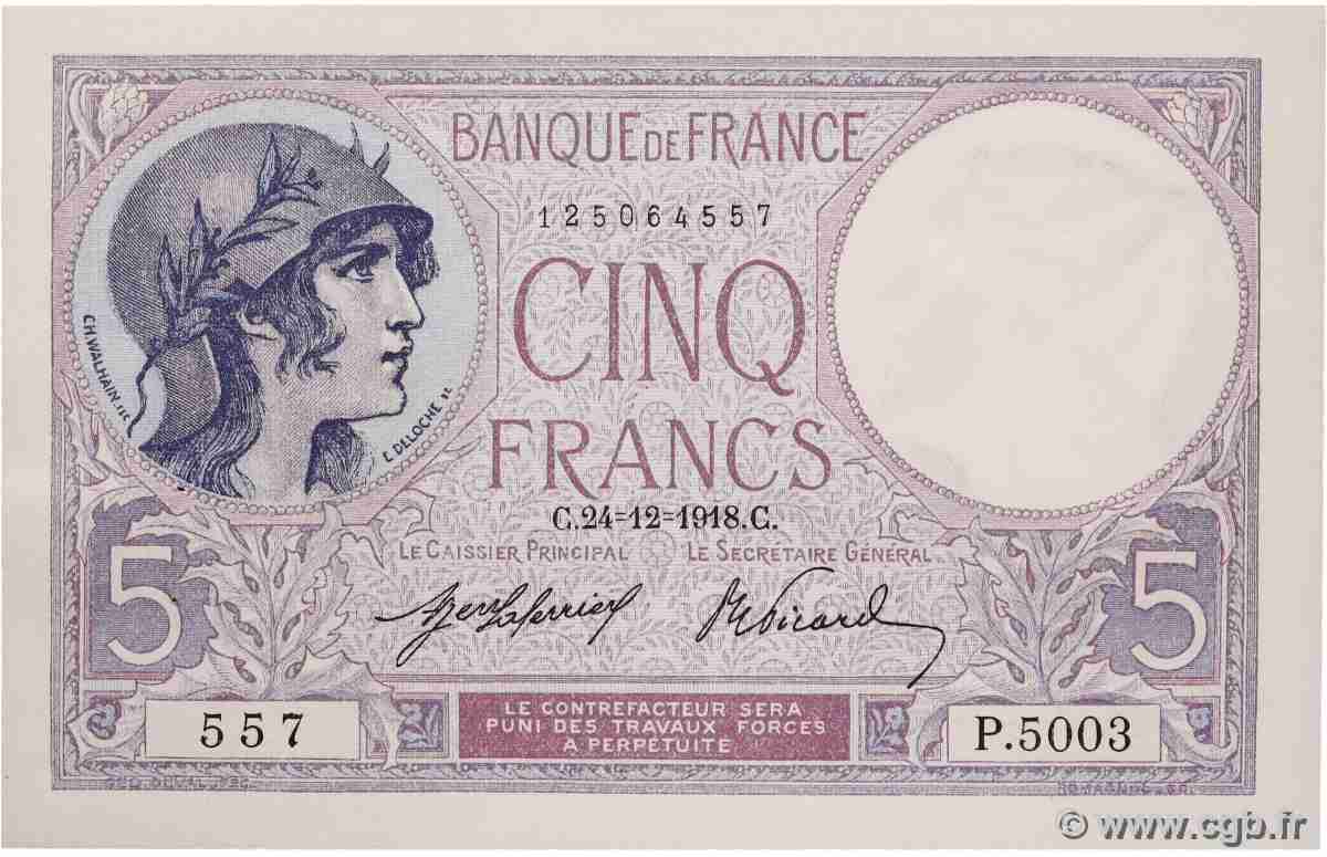 5 Francs FEMME CASQUÉE FRANCE  1918 F.03.02 SPL