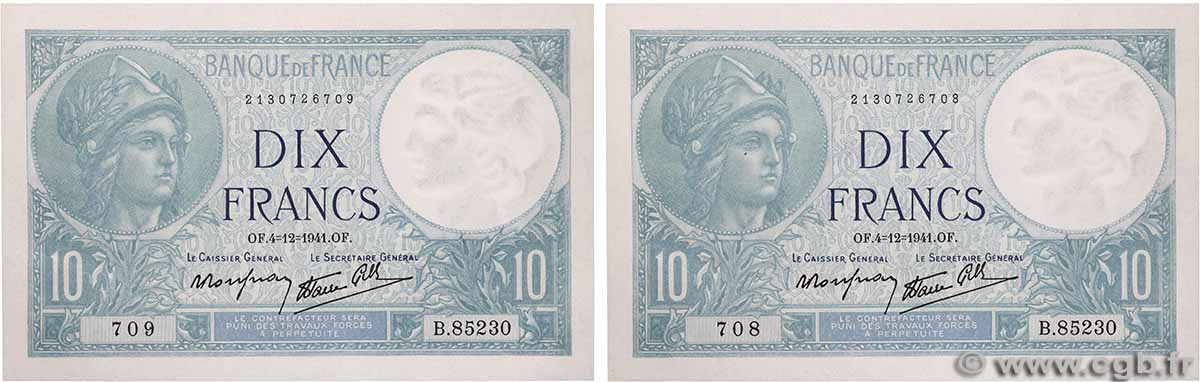 10 Francs MINERVE modifié Consécutifs FRANCE  1941 F.07.30 pr.NEUF