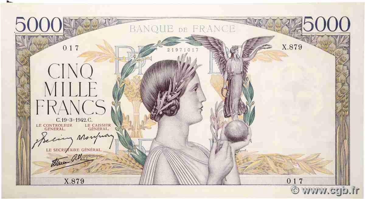 5000 Francs VICTOIRE Impression à plat FRANCE  1942 F.46.35 SUP