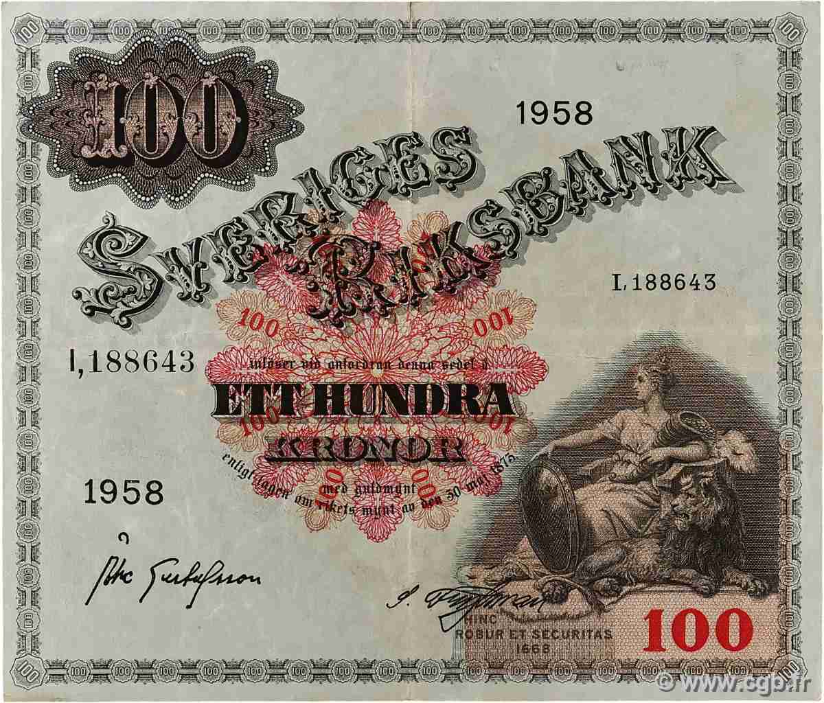 100 Kronor SWEDEN  1958 P.45d VF+