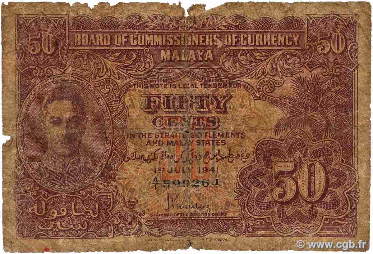 50 Cents MALAYA  1941 P.10b SGE