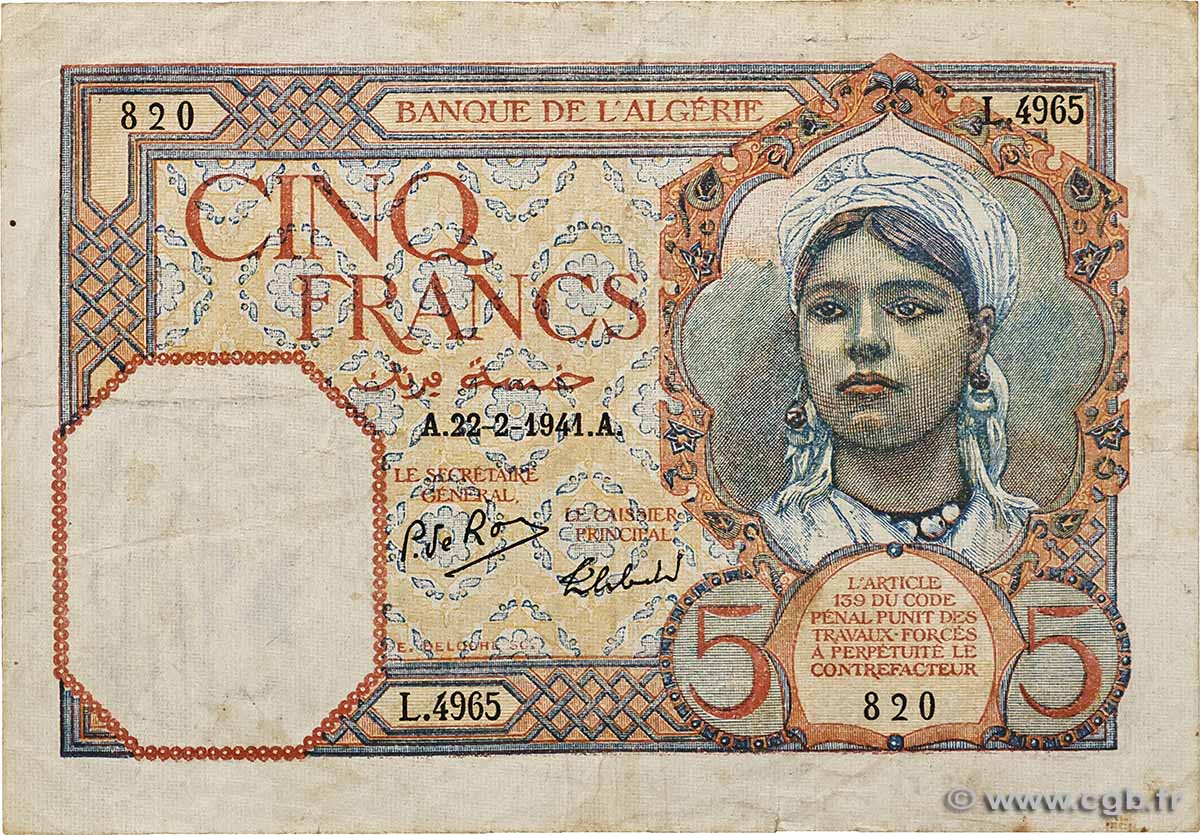 5 Francs ALGÉRIE  1941 P.077b TB+