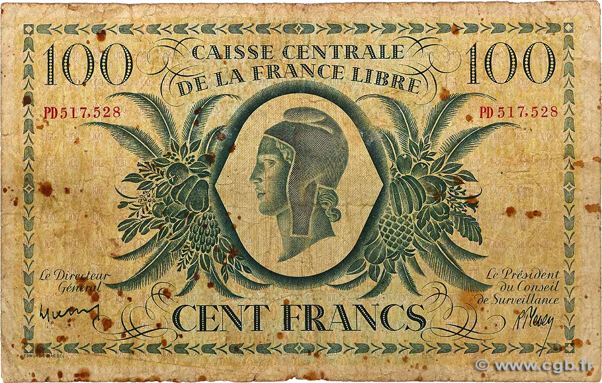 100 Francs Marianne CCFL AFRIQUE ÉQUATORIALE FRANÇAISE  1944 A.121g G