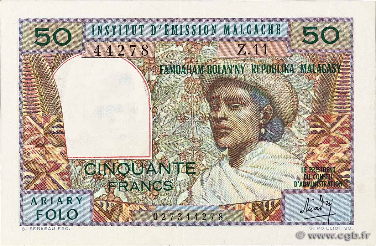 50 Francs - 10 Ariary MADAGASCAR  1969 P.061 MBC+