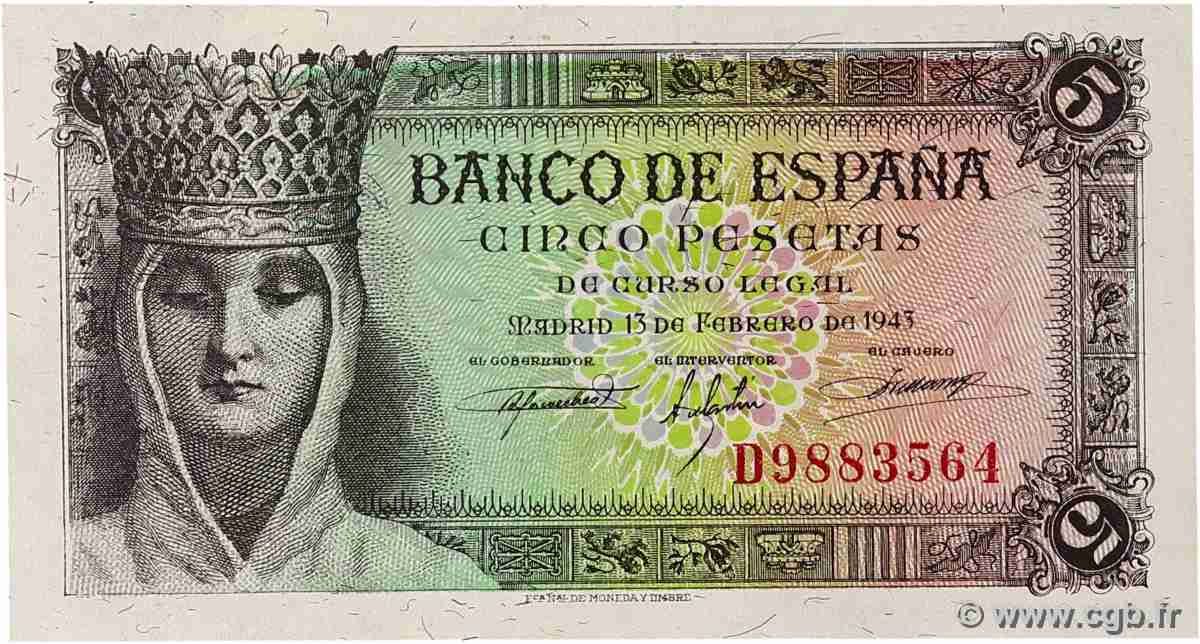5 Pesetas SPAGNA  1943 P.127a SPL+