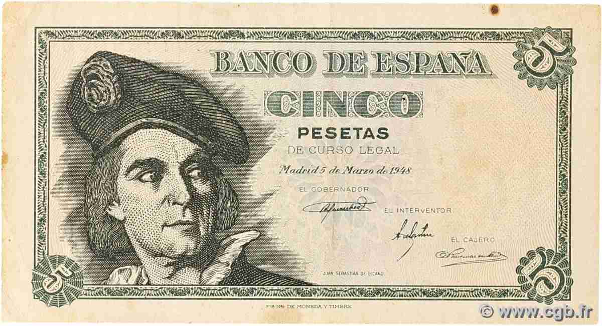5 Pesetas SPAIN  1948 P.136a VF+