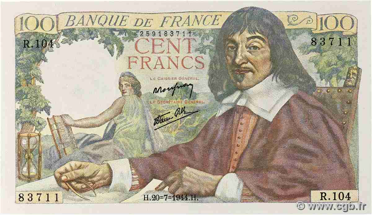100 Francs DESCARTES FRANCE  1944 F.27.06 NEUF