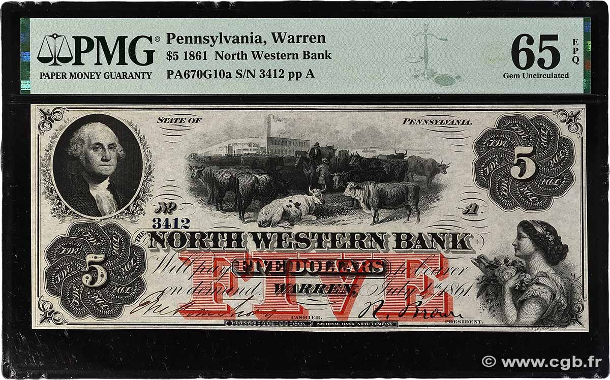 5 Dollars ÉTATS-UNIS D&nbsp;AMÉRIQUE Warren 1861 P.- NEUF