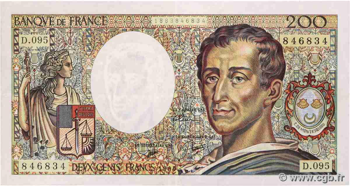 200 Francs MONTESQUIEU FRANCE  1990 F.70.10b VF