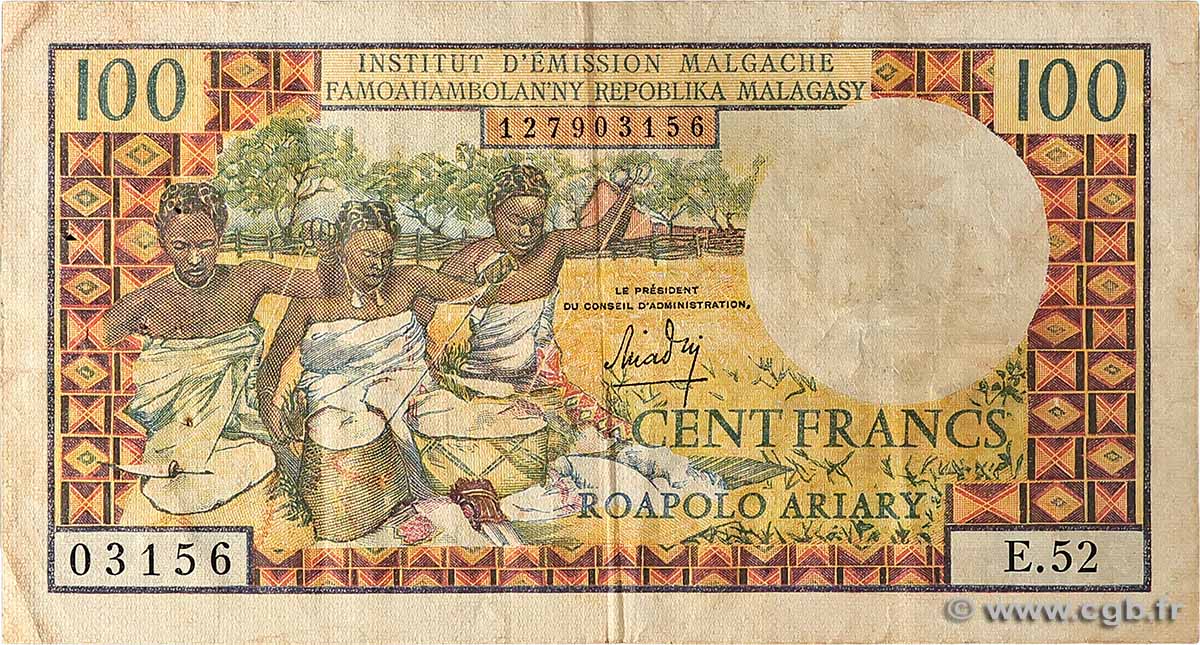 100 Francs - 20 Ariary MADAGASCAR  1966 P.057a TTB+