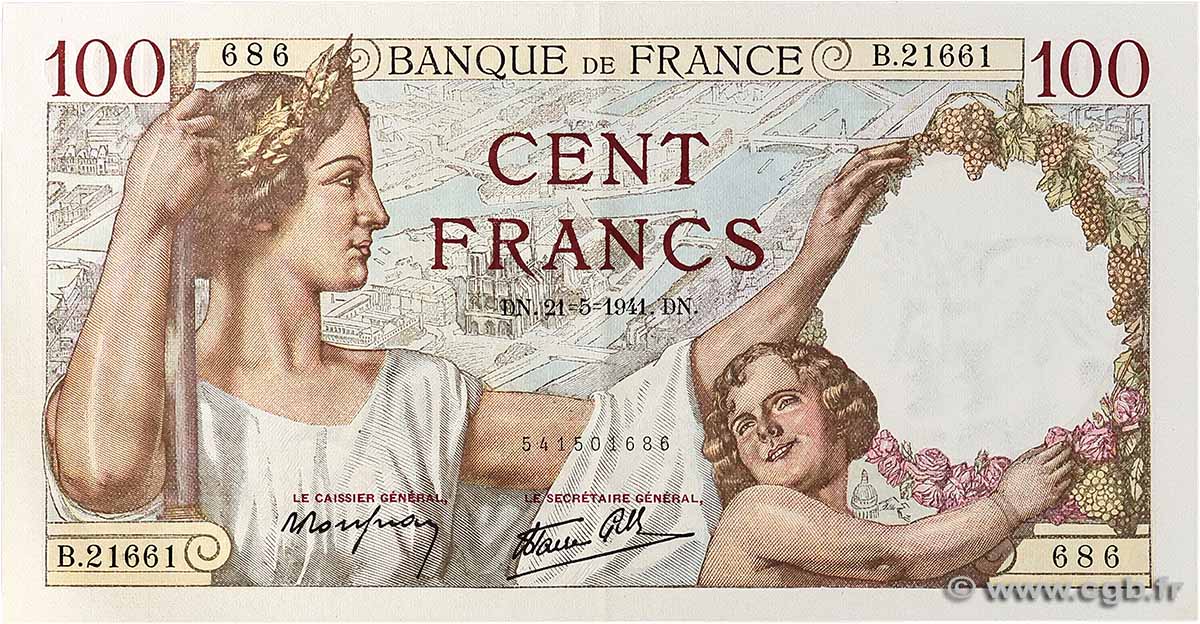 100 Francs SULLY FRANCE  1941 F.26.52 XF+