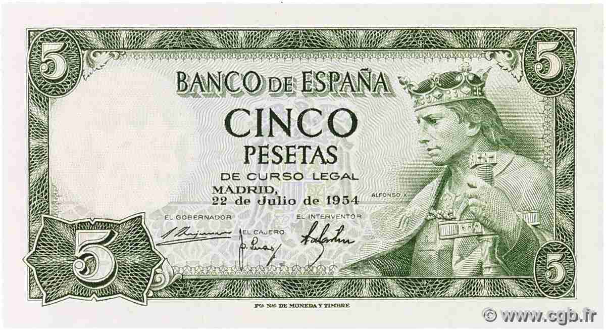 5 Pesetas ESPAGNE  1954 P.146a pr.NEUF