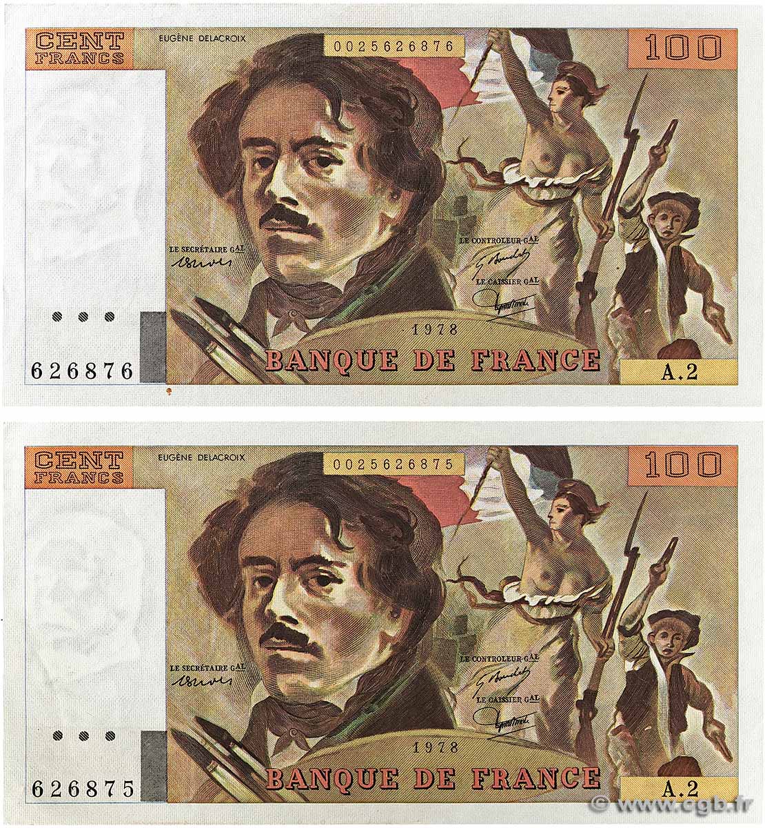 100 Francs DELACROIX Consécutifs FRANCE  1978 F.68.02 SPL