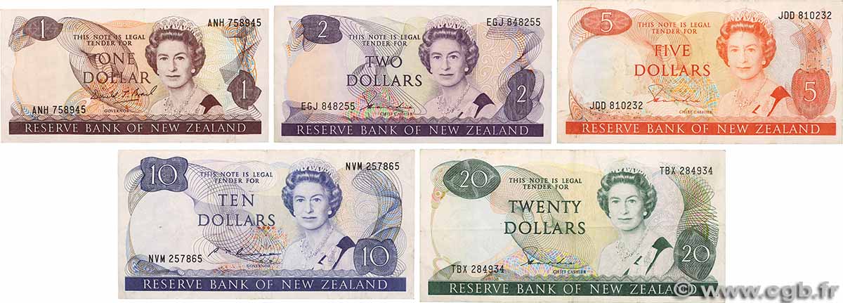 1, 2, 5, 10, 20 Dollars Lot NEW ZEALAND  1981 P.169c, P.170a, P.171a, P.172a 173a F - VF