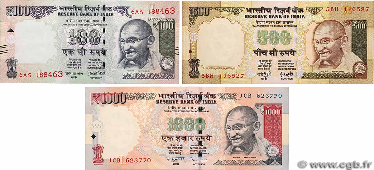 100, 500 et 1000 Rupees Lot INDIA  2012 P.093g, P.105e et P107a XF