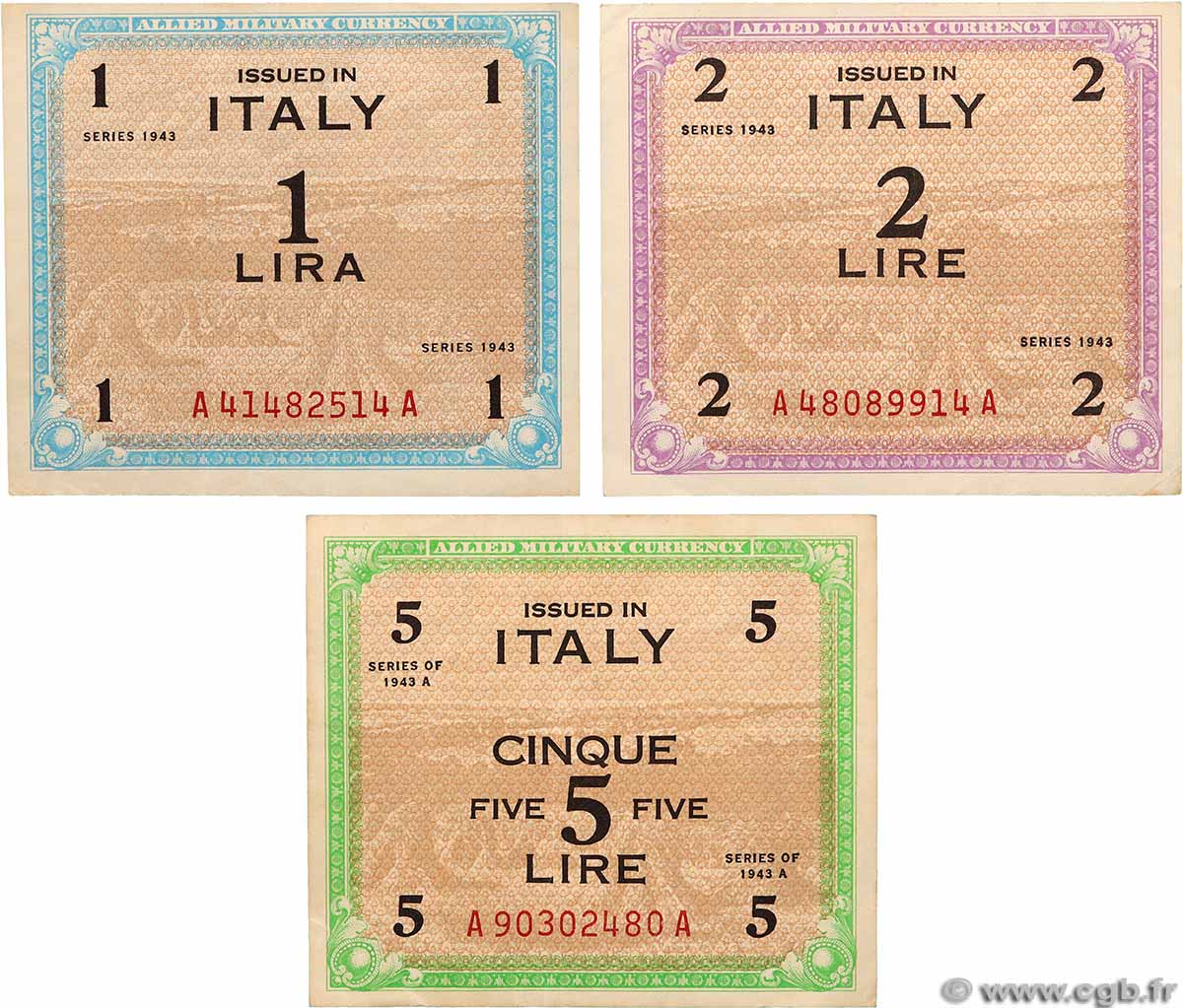 1, 2 et 5 Lire Lot ITALY  1943 P.M.10a, P.M.11a et P.M.18a VF