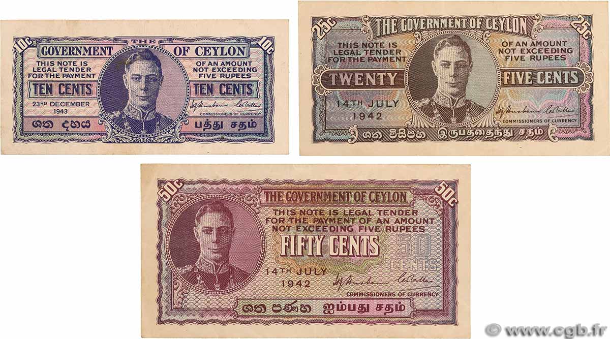 10, 25 et 50 Cents Lot CEYLAN  1942 P.43b, P.44a et P.45a TTB