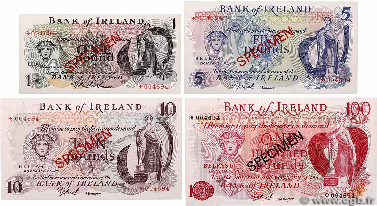 1 à 100 Pound Spécimen IRLANDE DU NORD  1978 P.61CS1 à P.64CS1 NEUF