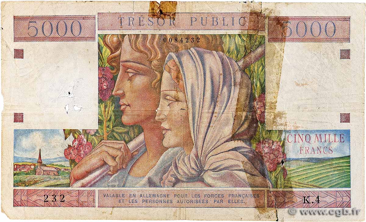 5000 Francs TRÉSOR PUBLIC FRANCE  1955 VF.36.01 G