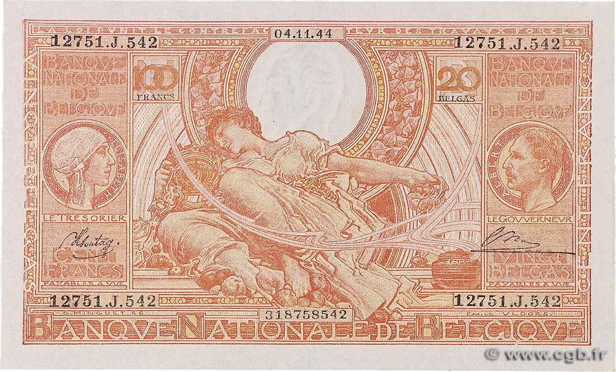 100 Francs - 20 belgas BELGIEN  1944 P.113 fST+