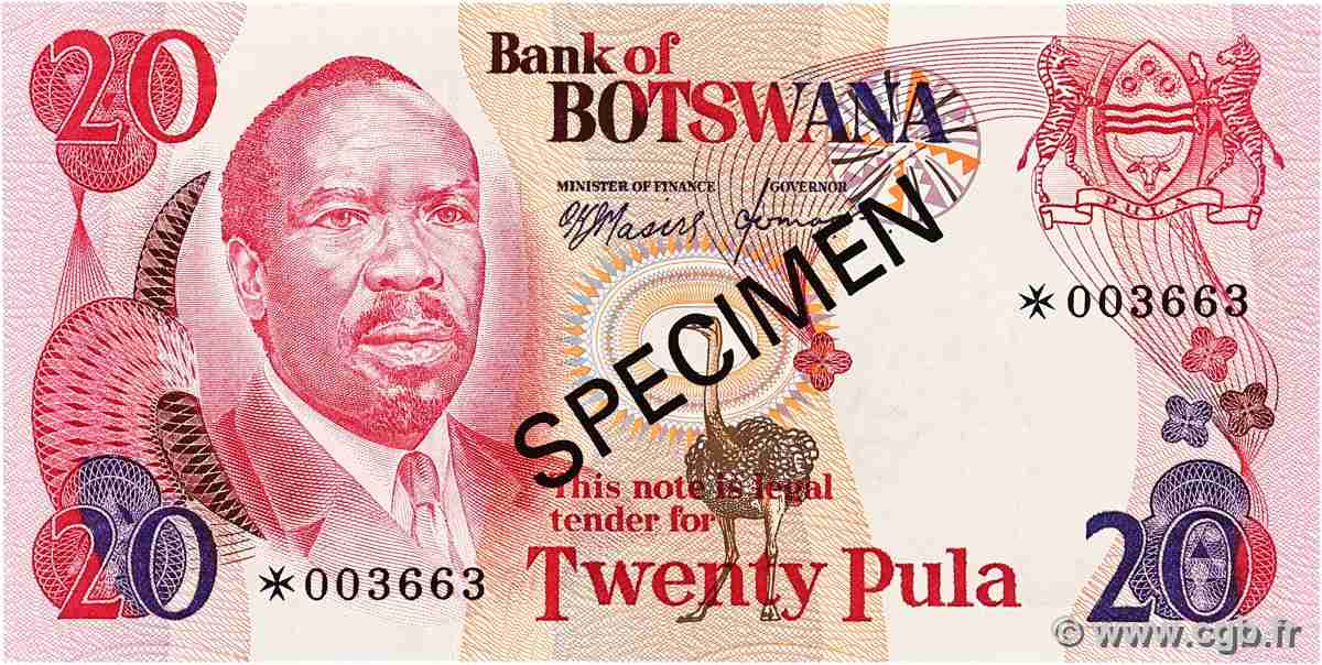 20 Pula Spécimen BOTSWANA (REPUBLIC OF)  1976 P.05s2 UNC-
