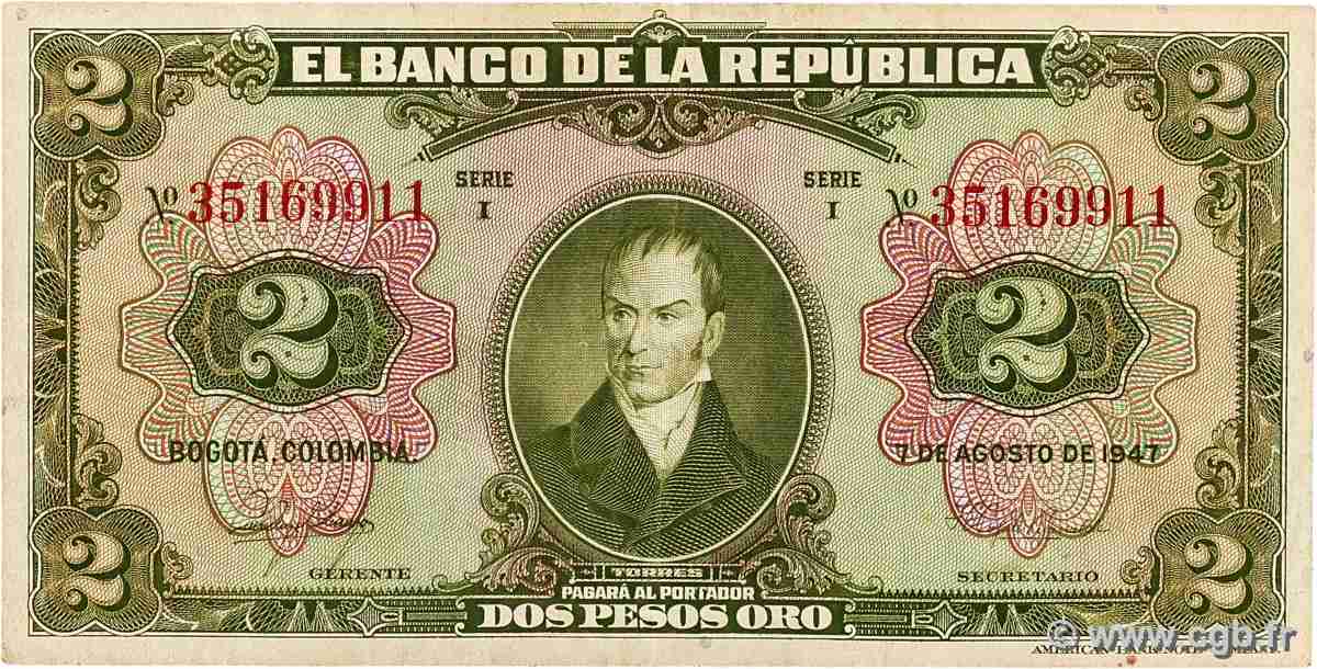 2 Pesos Oro COLOMBIA  1947 P.390b VF