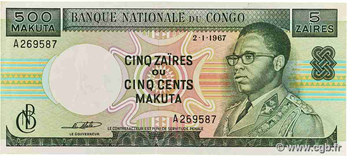 5 Zaïres - 500 Makuta RÉPUBLIQUE DÉMOCRATIQUE DU CONGO  1967 P.013a SUP+