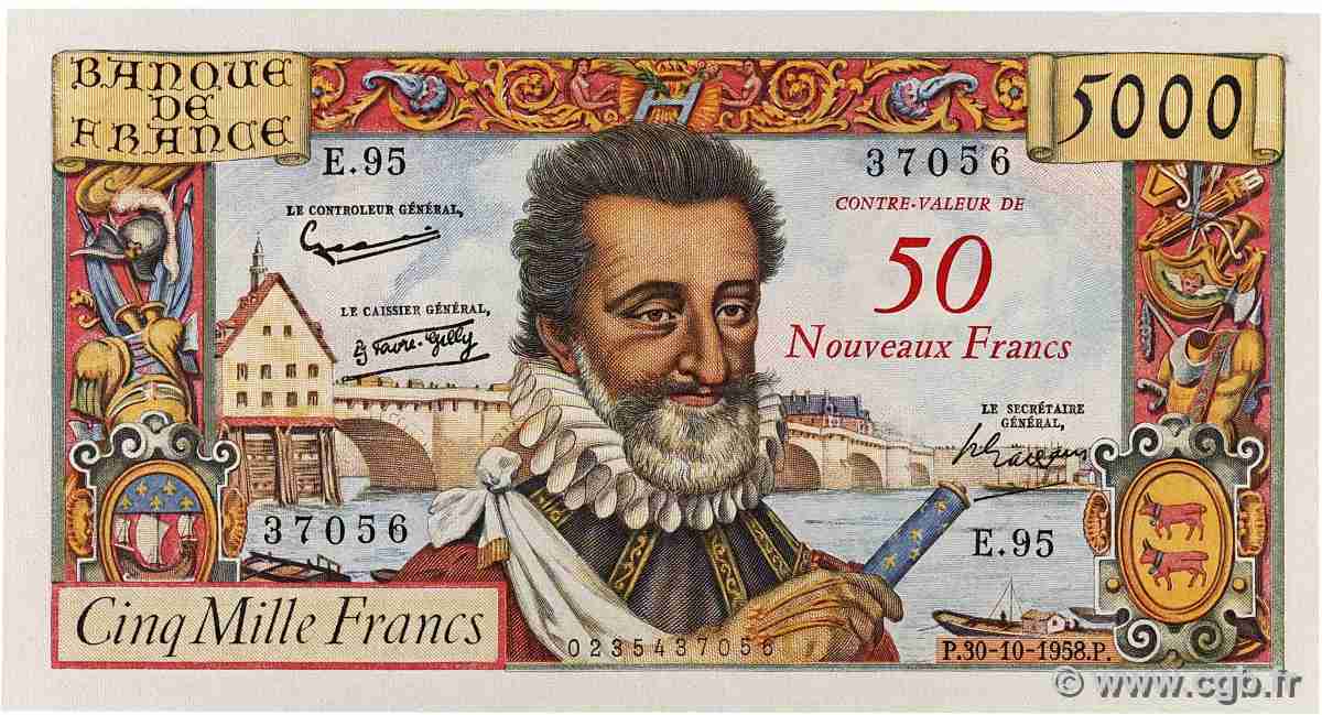 50 NF sur 5000 Francs HENRI IV FRANCE  1958 F.54.01 pr.SPL