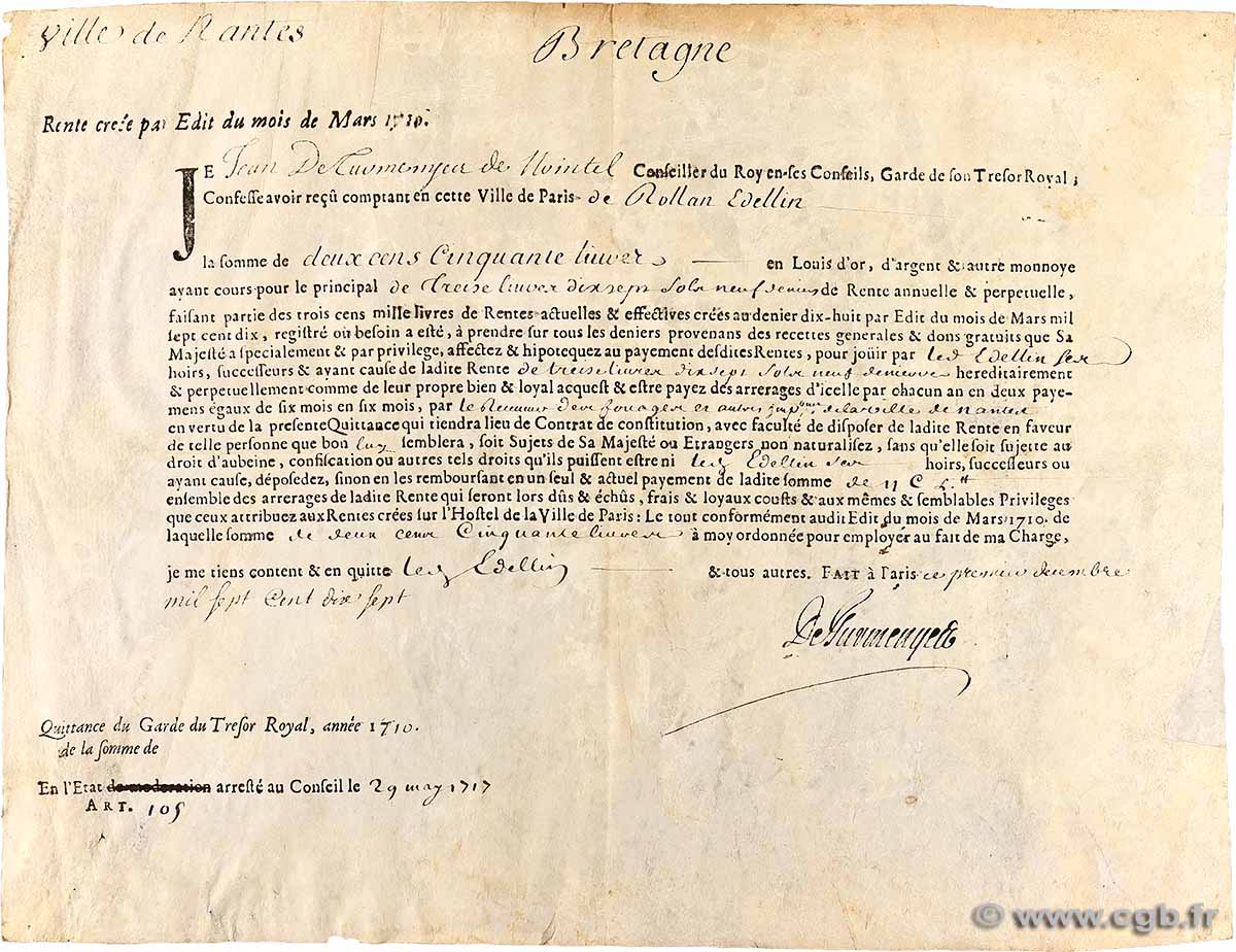 250 Livre FRANCE régionalisme et divers Nantes 1710 F.- TTB