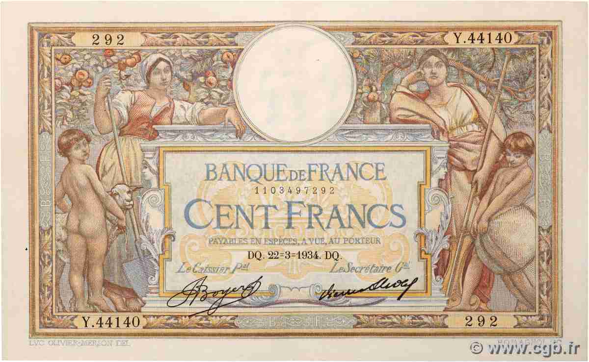 100 Francs LUC OLIVIER MERSON grands cartouches FRANCE  1934 F.24.13 VF