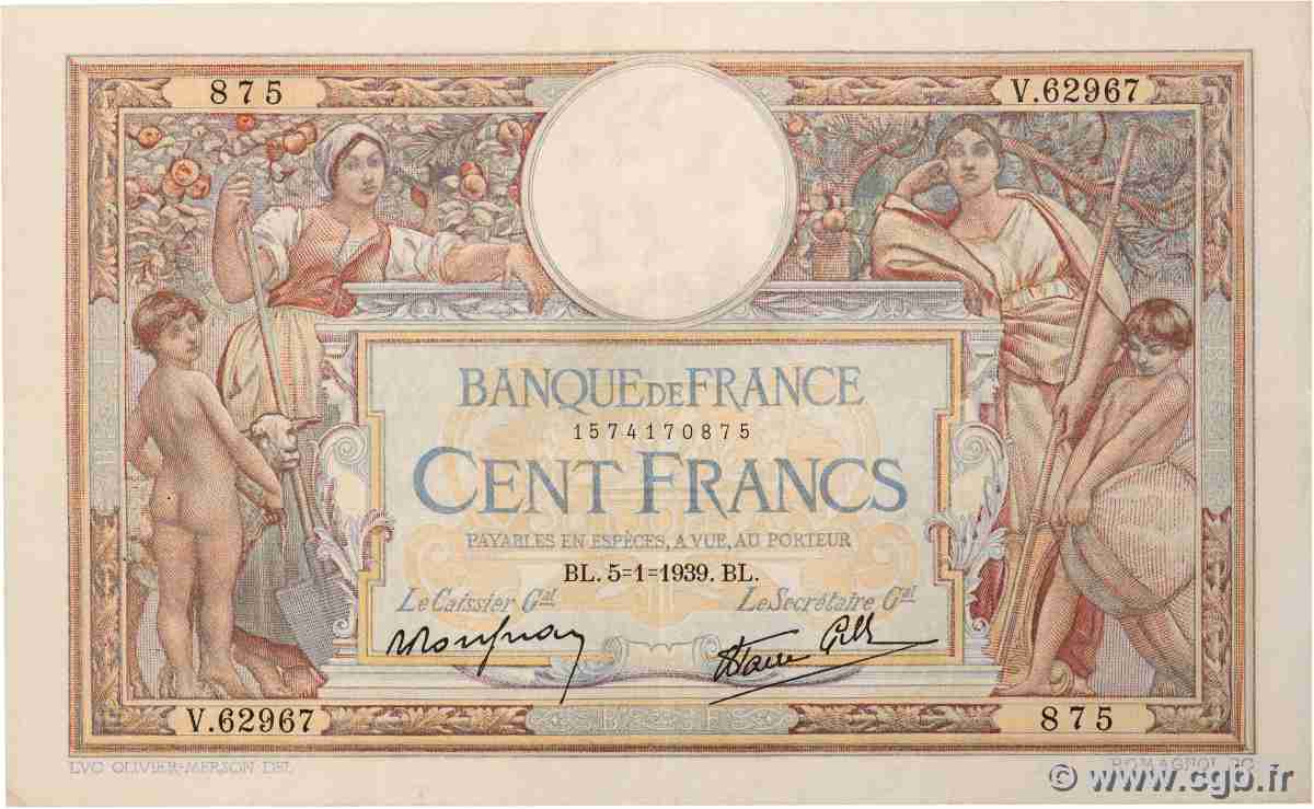 100 Francs LUC OLIVIER MERSON type modifié FRANCE  1939 F.25.38 VF