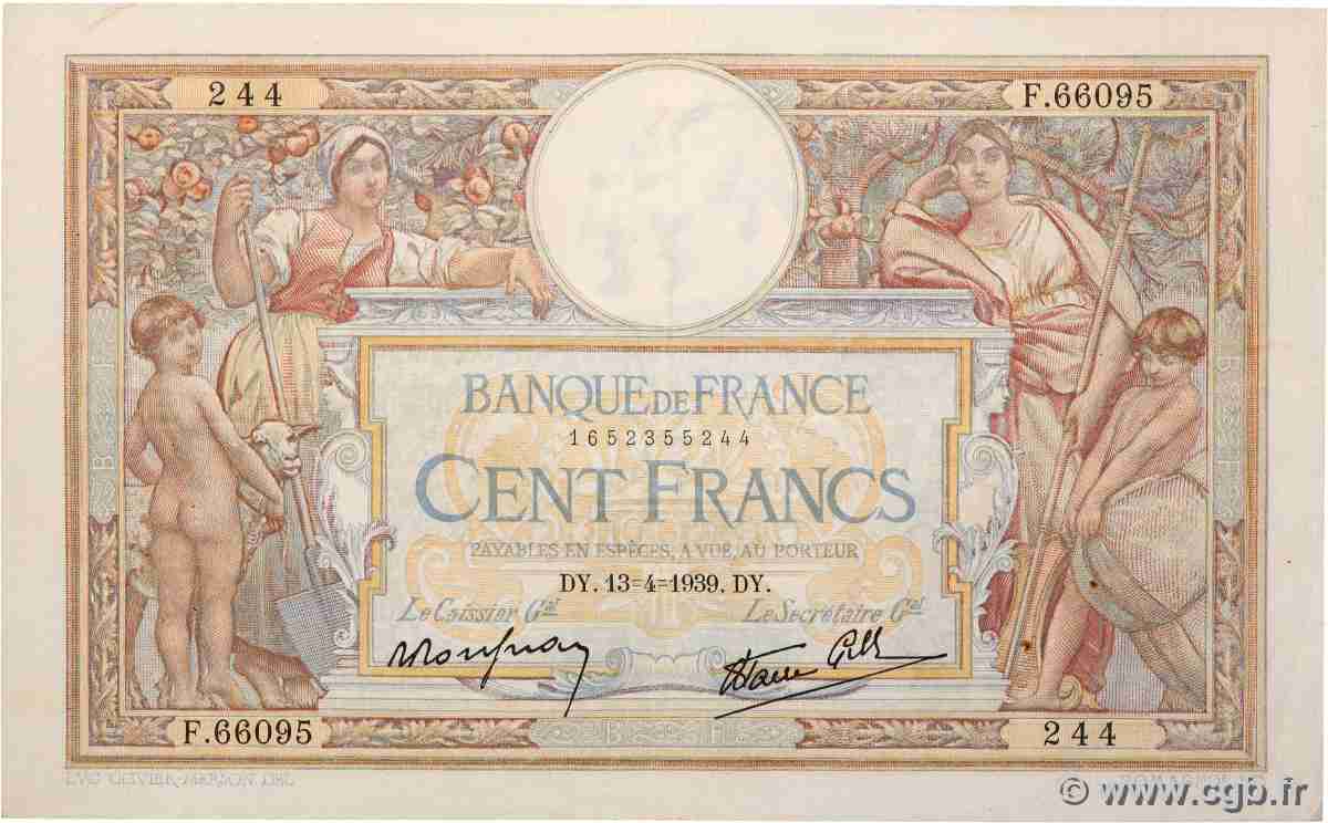 100 Francs LUC OLIVIER MERSON type modifié FRANCE  1939 F.25.46 VF