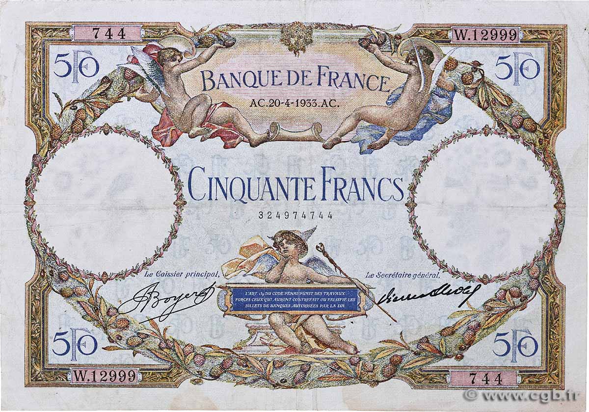 50 Francs LUC OLIVIER MERSON type modifié FRANCE  1933 F.16.04 pr.TTB