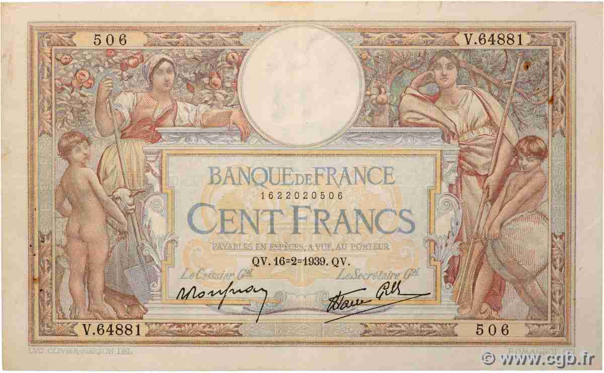 100 Francs LUC OLIVIER MERSON type modifié FRANCE  1939 F.25.43 VF