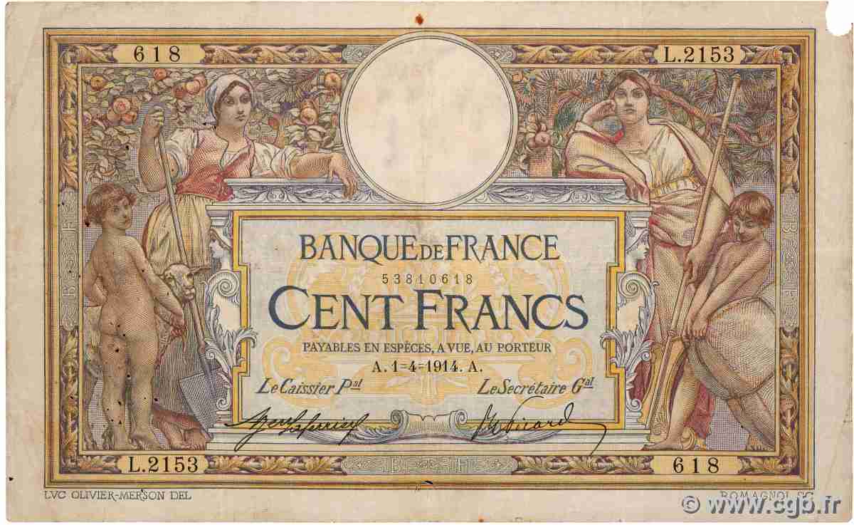 100 Francs LUC OLIVIER MERSON sans LOM FRANCE  1914 F.23.06 F