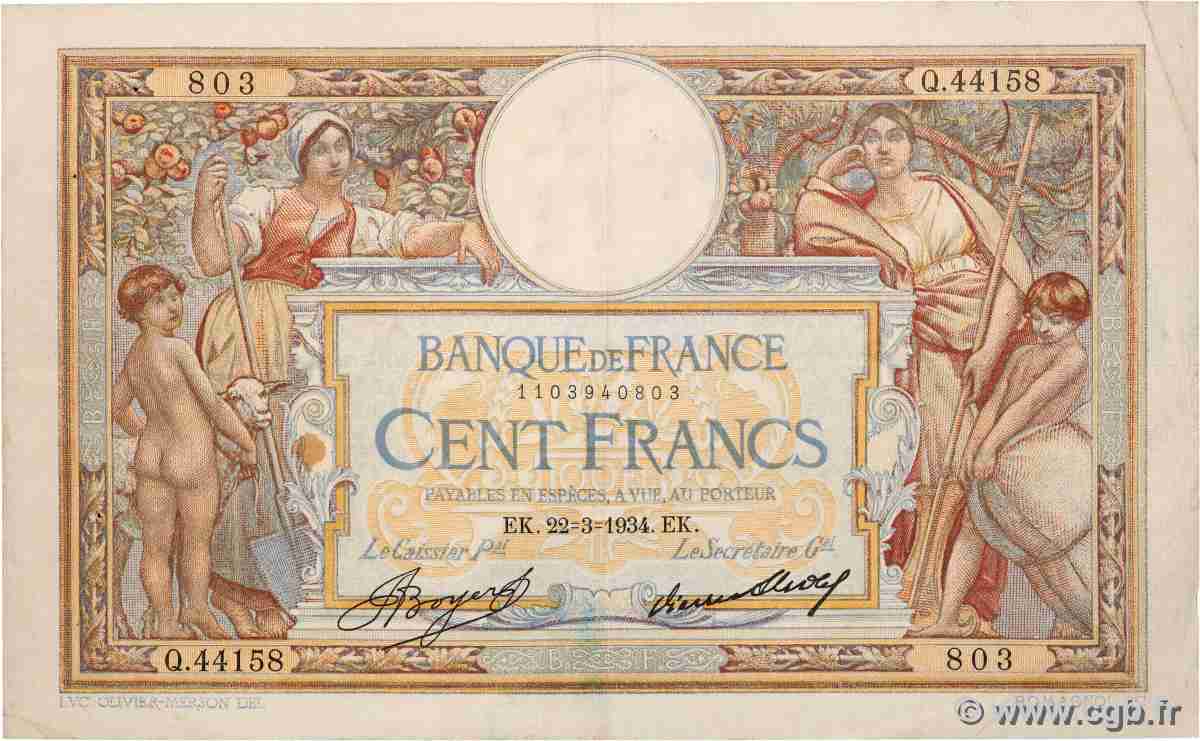 100 Francs LUC OLIVIER MERSON grands cartouches FRANCE  1934 F.24.13 TTB