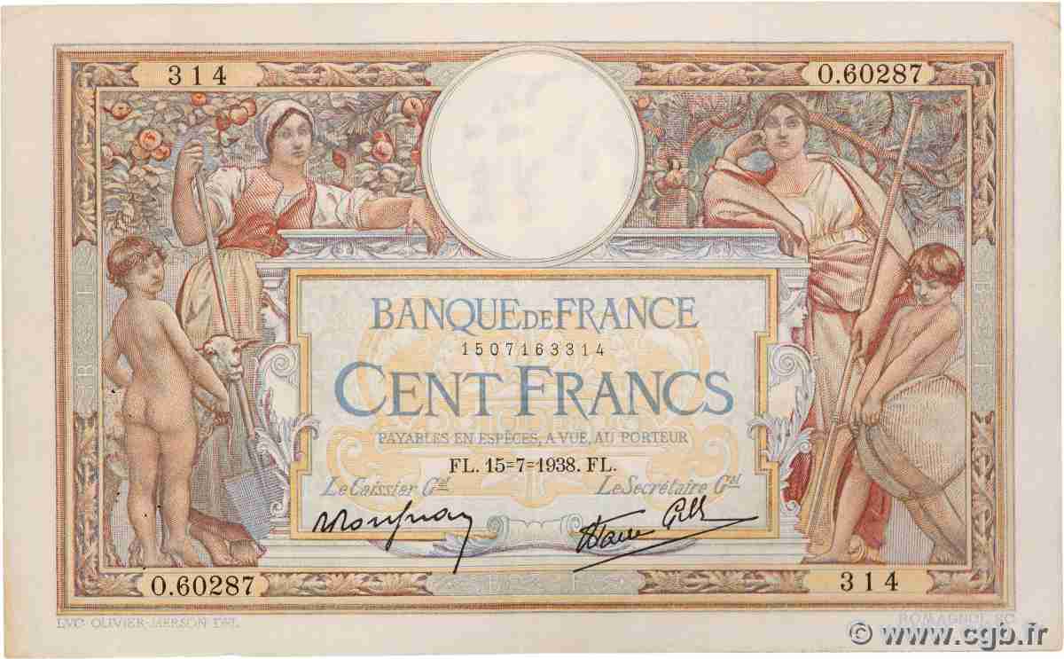 100 Francs LUC OLIVIER MERSON type modifié FRANCE  1938 F.25.26 VF