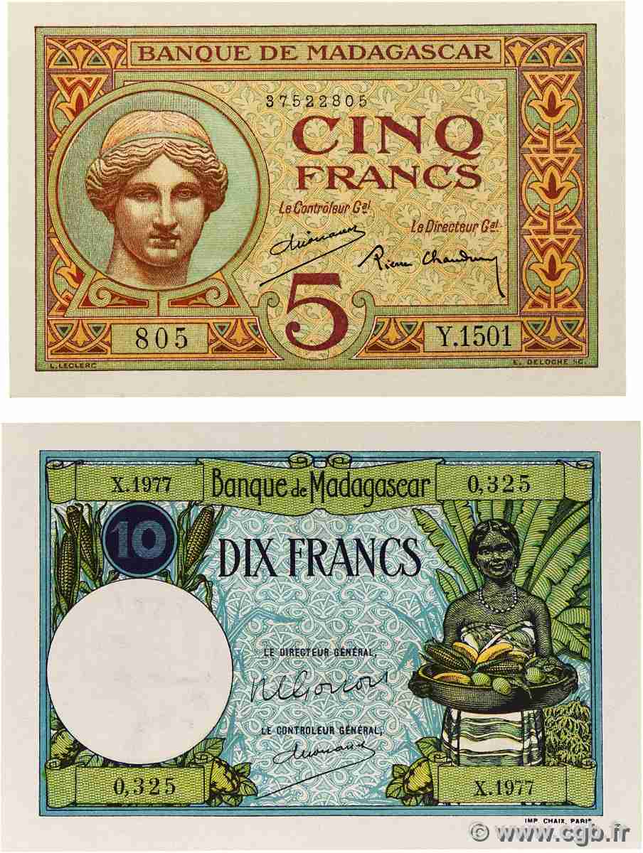 5 et 10 Francs Lot MADAGASCAR  1937 P.035 et P.036 UNC-