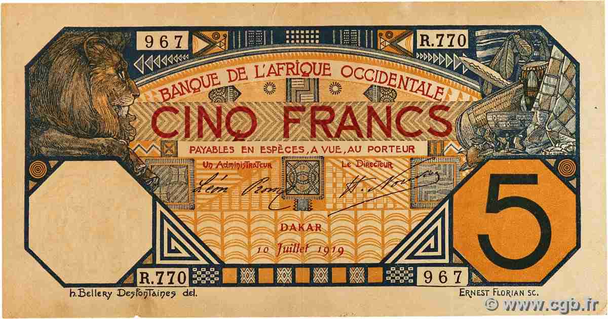 5 Francs DAKAR FRENCH WEST AFRICA Dakar 1919 P.05Ba BB
