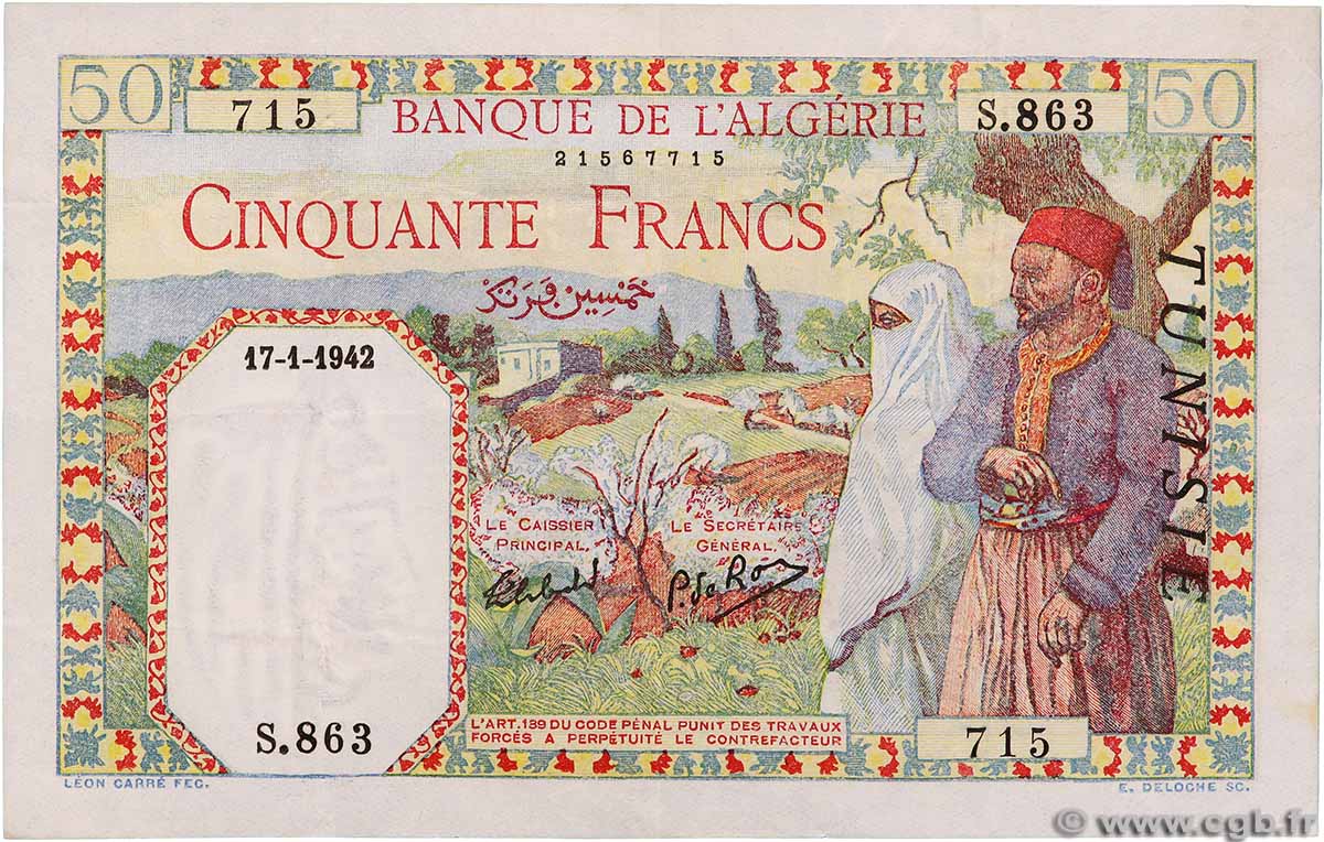 50 Francs TUNISIE  1942 P.12a TTB