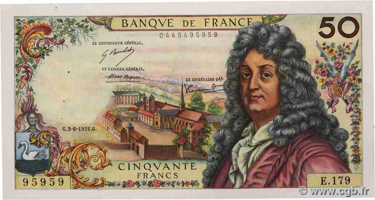 50 Francs RACINE Numéro radar FRANCE  1971 F.64.18 XF+