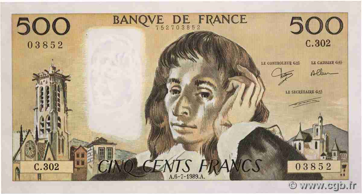 500 Francs PASCAL FRANCE  1989 F.71.42 XF+