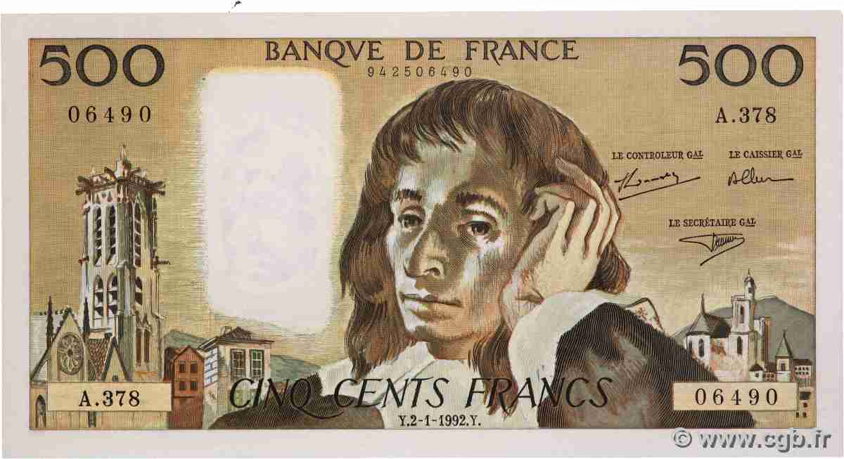 500 Francs PASCAL FRANCE  1992 F.71.49 UNC-