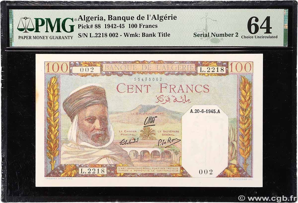 100 Francs Numéro spécial ALGERIA  1945 P.088 q.FDC