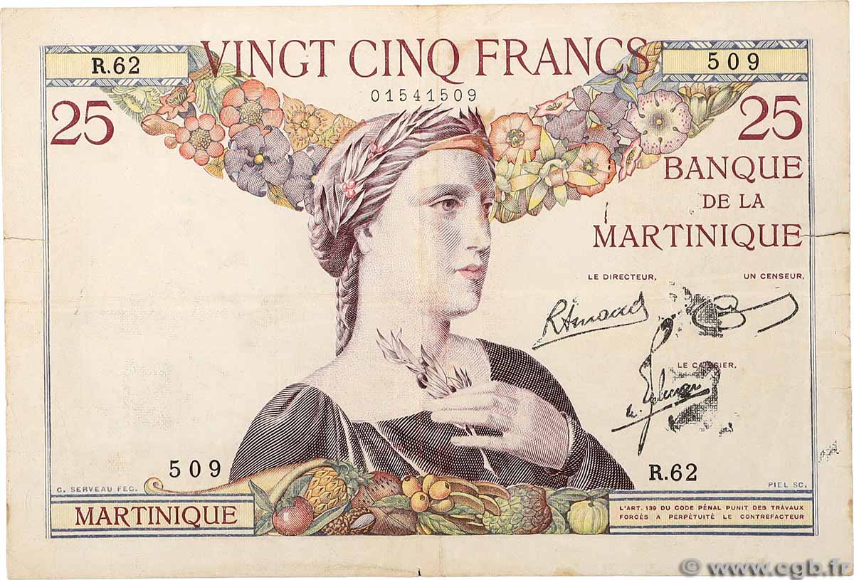 25 Francs MARTINIQUE  1945 P.12 TB