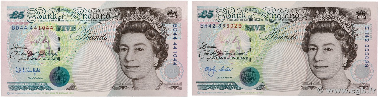 5 Pounds Lot INGHILTERRA  1990 P.382Aa et P.382Ab q.FDC