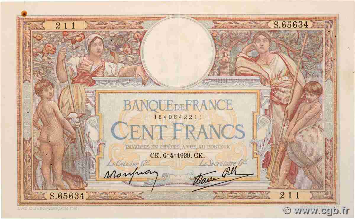 100 Francs LUC OLIVIER MERSON type modifié FRANCE  1939 F.25.45 VF