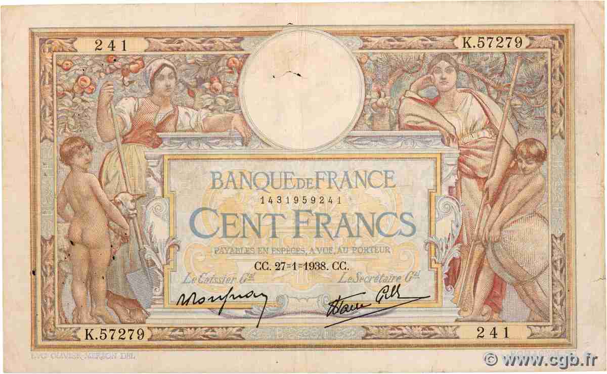 100 Francs LUC OLIVIER MERSON type modifié FRANCE  1938 F.25.20 F+