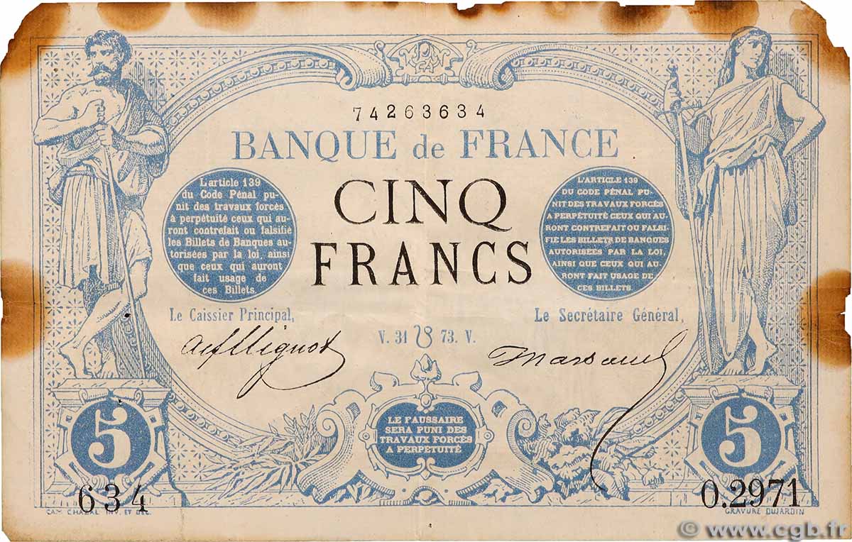 5 Francs NOIR FRANCE  1873 F.01.20 TB+
