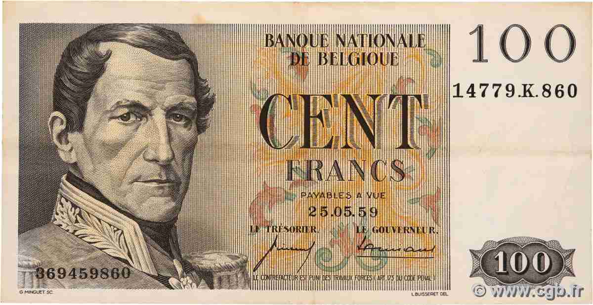 100 Francs BELGIEN  1959 P.129c fVZ